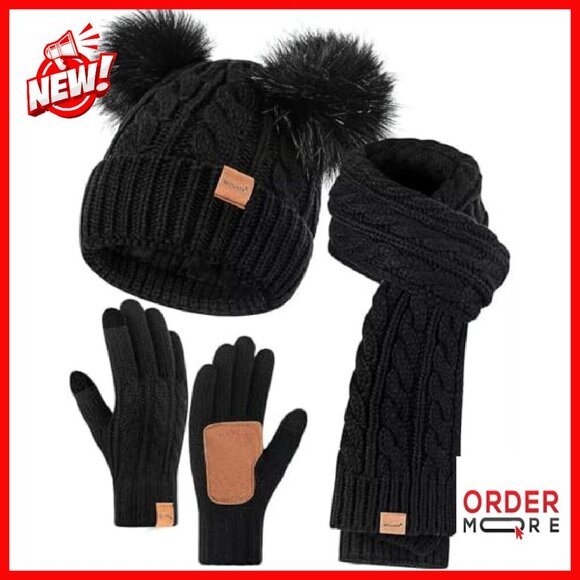 Fleece Lined Beanie Scarf Gloves Set Touchscreen Winter Accessories - Picture 2 of 8